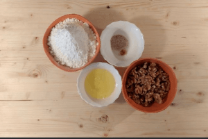 Gluténmentes Vezúv aprósüteményhez diós-makron alapanyagai kimérve